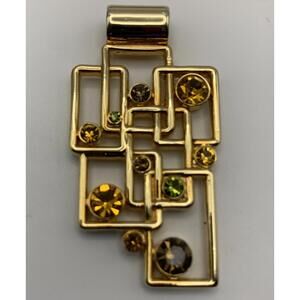 Lia Sophia Gold Tone Metal Pendant, Rectangles w Multicolor Yellow, Green Stones
